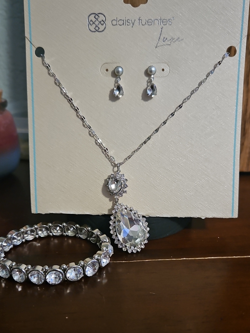 Daisy Fuentes Silver Clear Teardrop Pendant Necklace with Matching Earrings